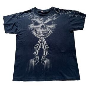 Vintage Faded Gildan Skull Skeleton Praying Black Goth Y2K Size M Distressed